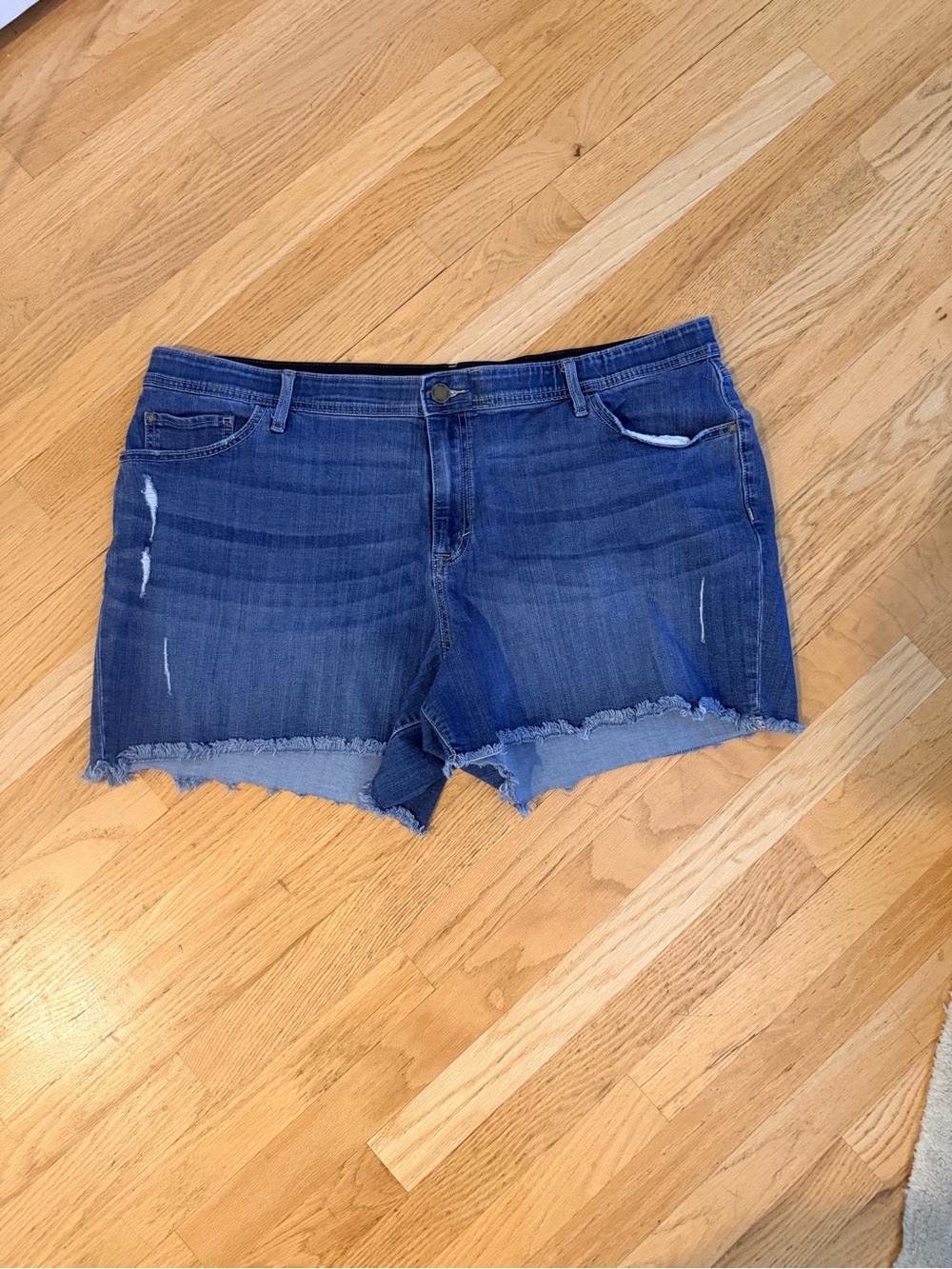 Ladies Size 24W "EVRI" Blue Frayed Hem Distressed Denim Shorts GUC